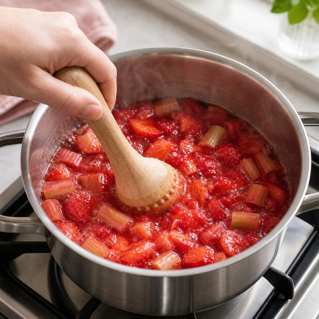 Strawberry rhubarb jam simmering in a stainless saucepan