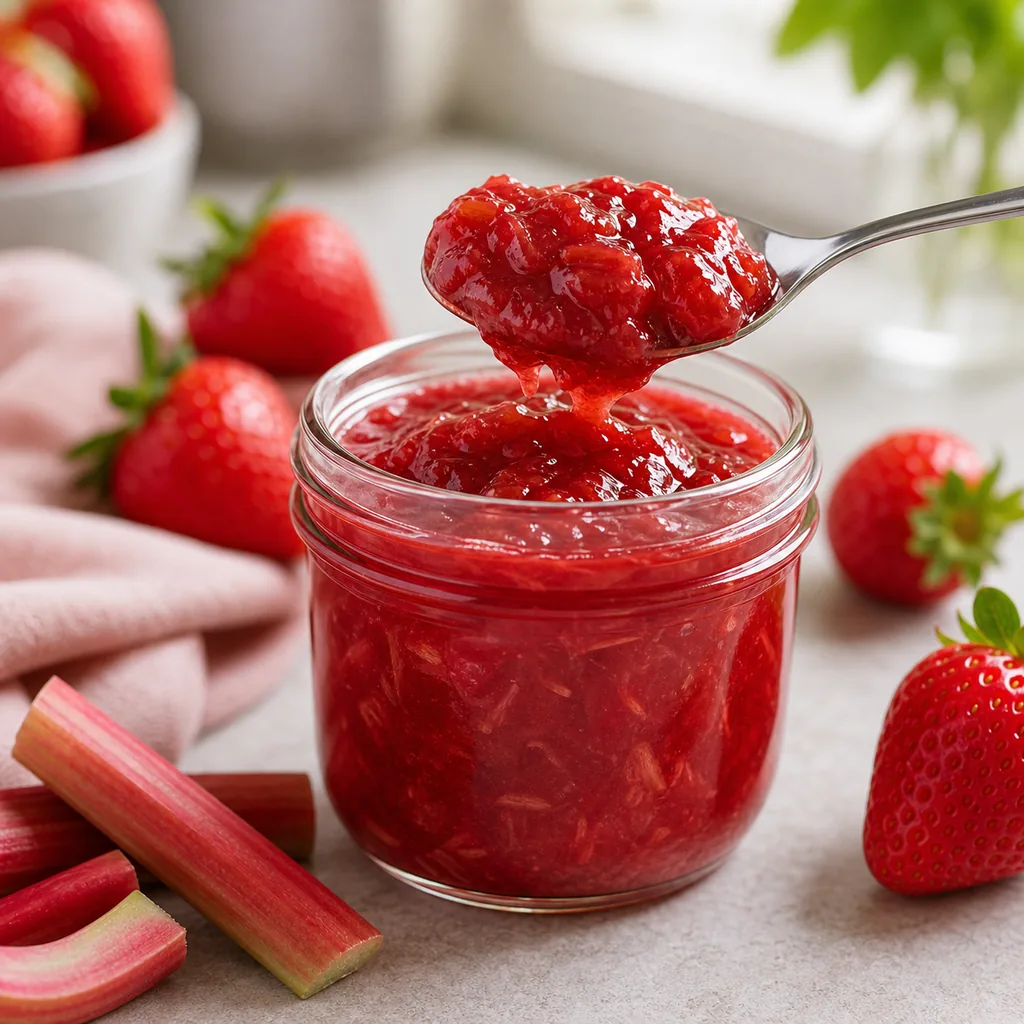 Spoon lifting thick sugar free strawberry rhubarb jam