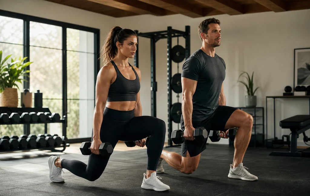 Couple training with dumbbells in a home gym for strength and fat loss
