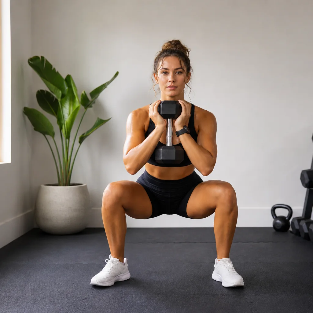 Woman performing a goblet squat with dumbbell in a home gym