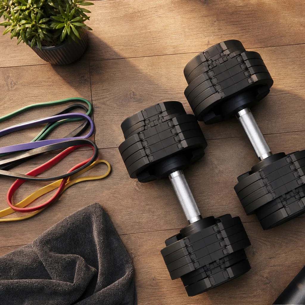 Home gym corner with dumbbells, resistance bands, and mat ready for strength training