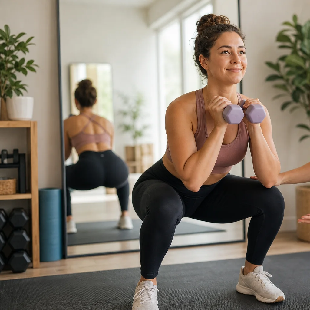 Beginner learning proper dumbbell form with light weights at home