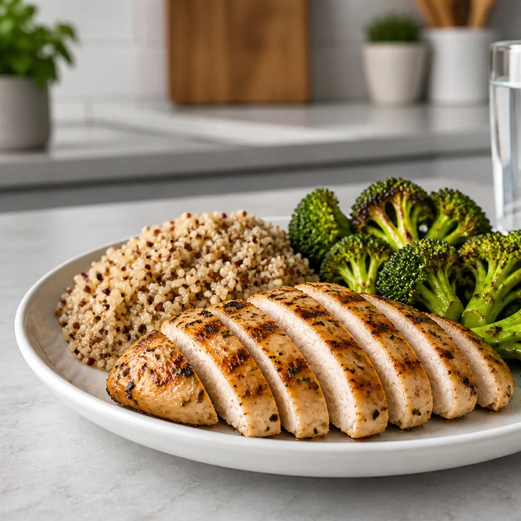 Balanced post-workout plate with grilled chicken, vegetables, and quinoa
