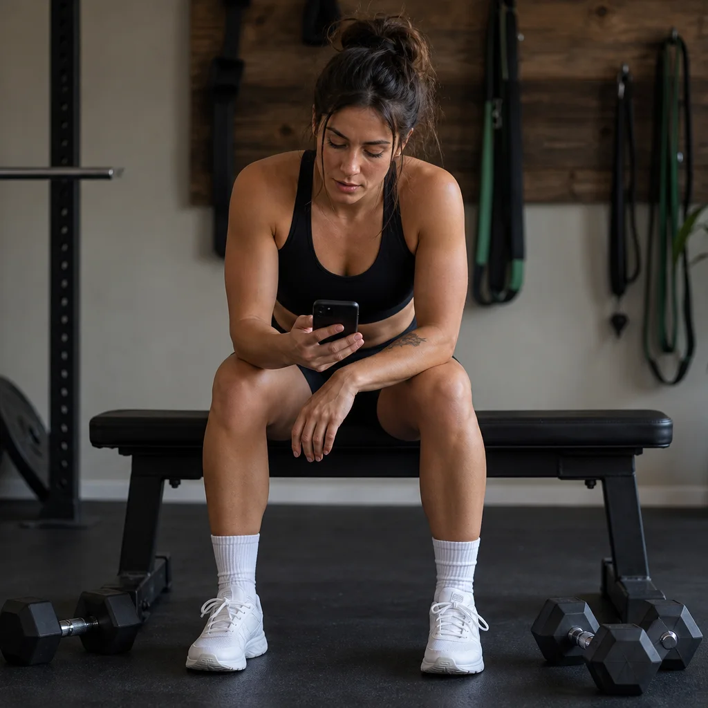 Person resting between strength training sets with dumbbells nearby