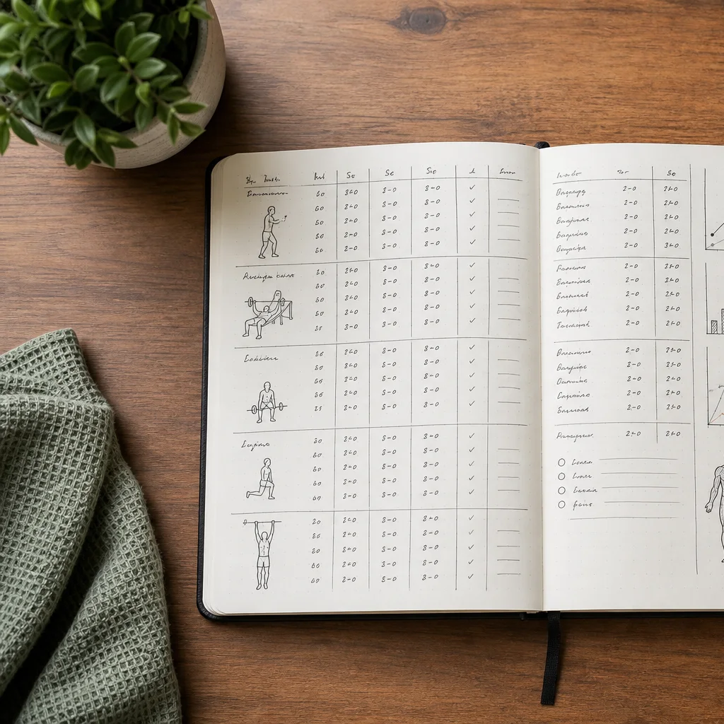 Fitness journal tracking strength training progress with workout log
