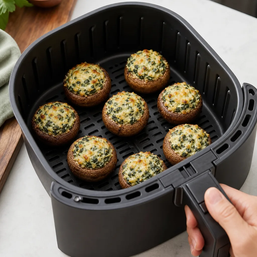 Vegetarian stuffed mushrooms cooking upright in an air fryer basket