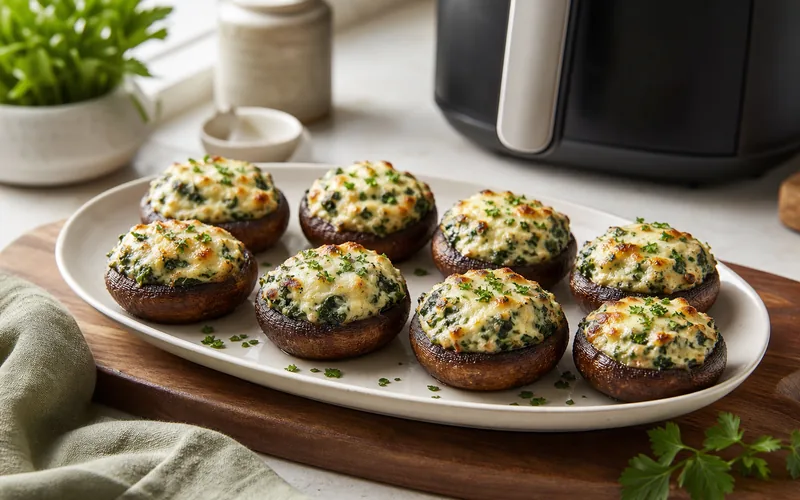 Vegetarian keto air fryer stuffed mushrooms with spinach cheese filling