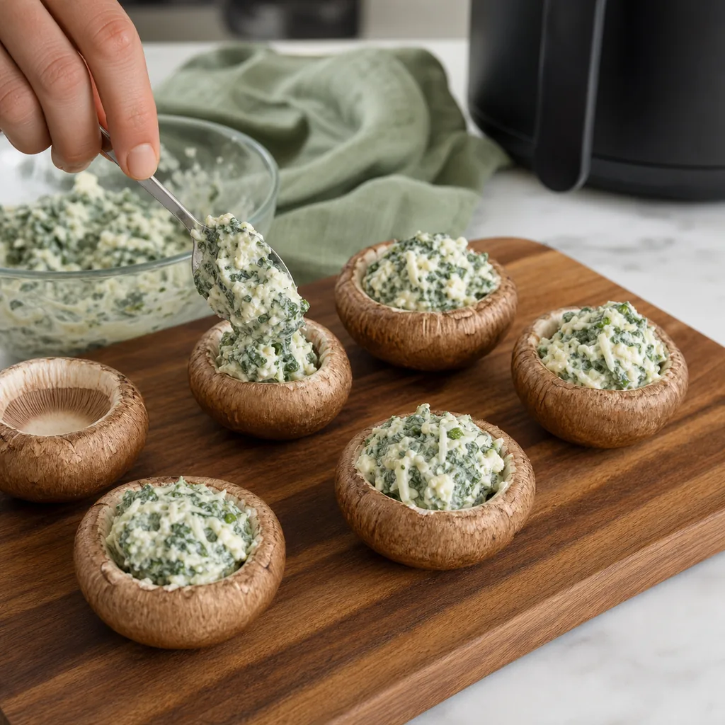 Creamy spinach cheese filling being spooned into cremini mushroom caps