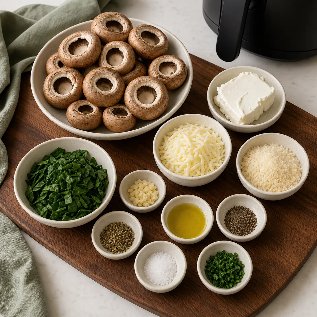 Mushrooms, spinach, cream cheese, mozzarella, Parmesan, garlic and seasonings