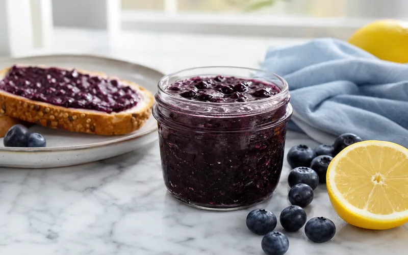 Jar of sugar-free blueberry lemon jam with fresh berries