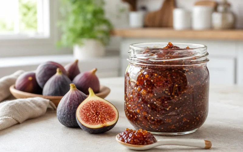 Jar of sugar free fig jam with ripe purple figs