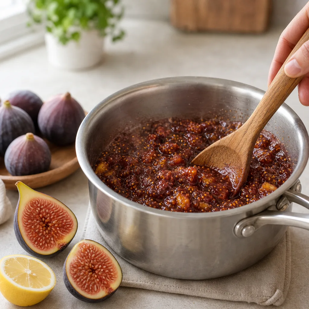 Fresh figs simmering in a saucepan for sugar free fig jam