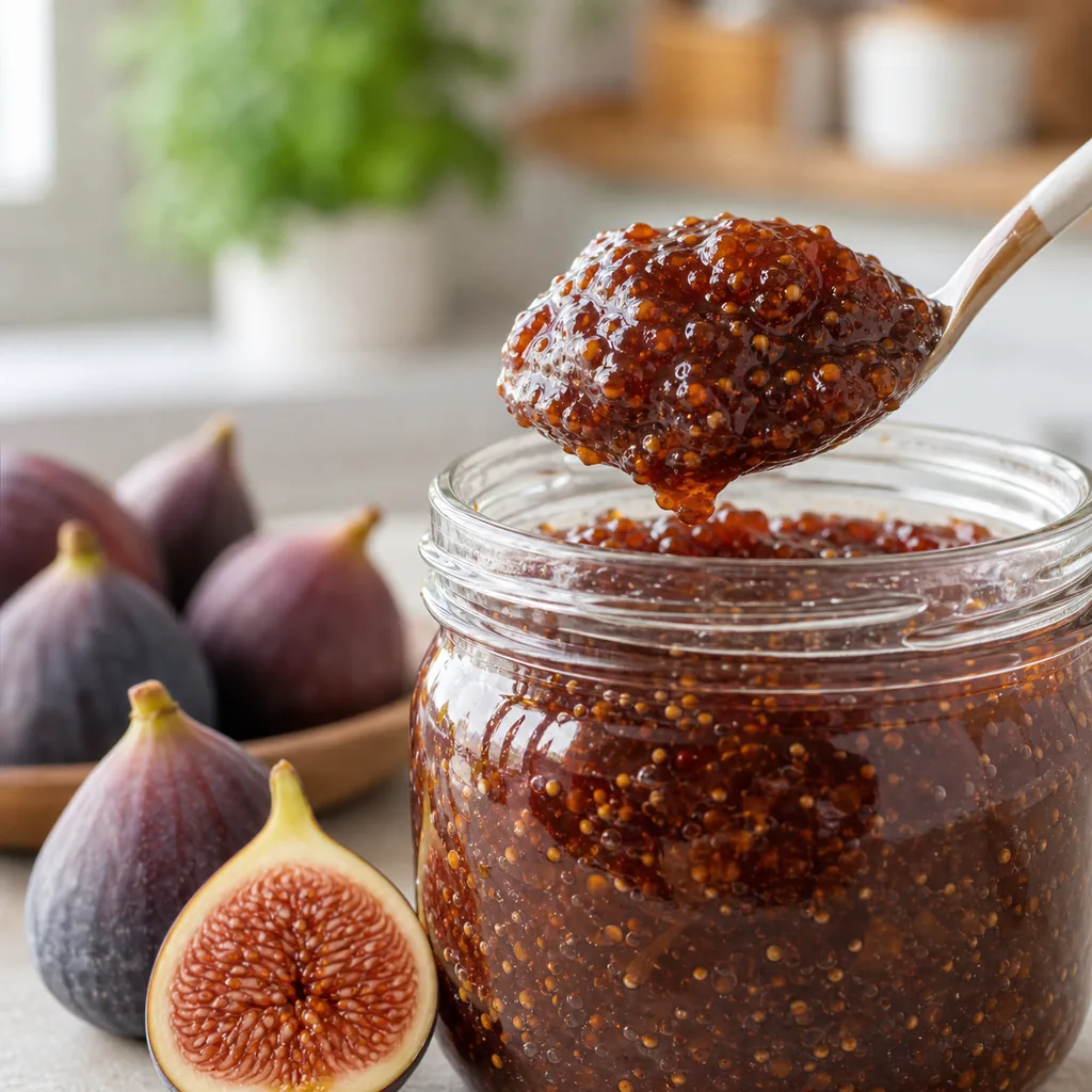 Spoon lifting thick sugar free fig jam above a glass jar