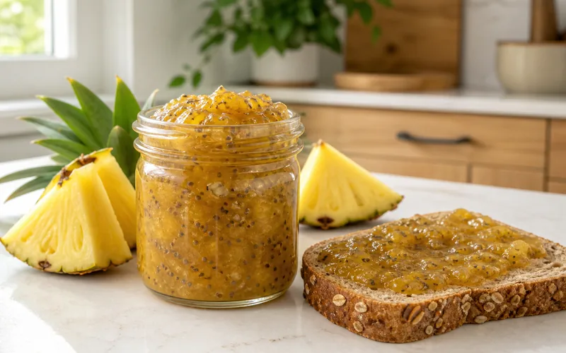 Small jar of sugar free pineapple chia jam with toast and fresh pineapple