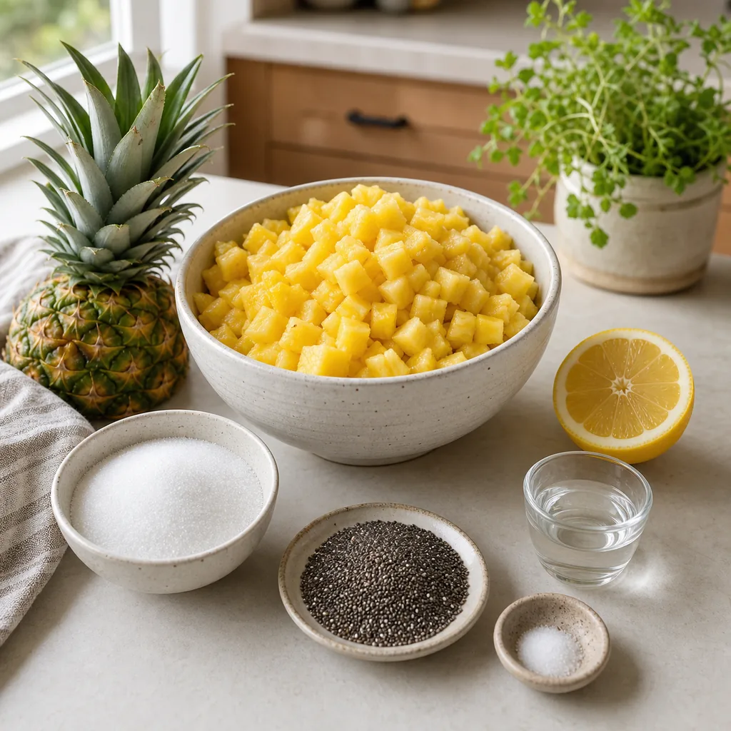 Pineapple, allulose, chia seeds, lemon, water and salt for sugar free jam