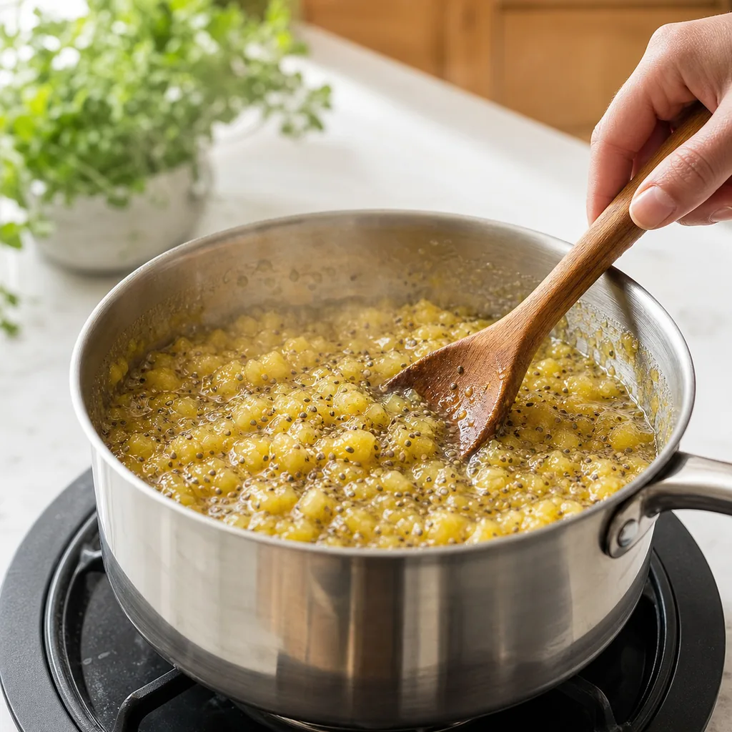 Pineapple chia jam simmering in a stainless steel saucepan