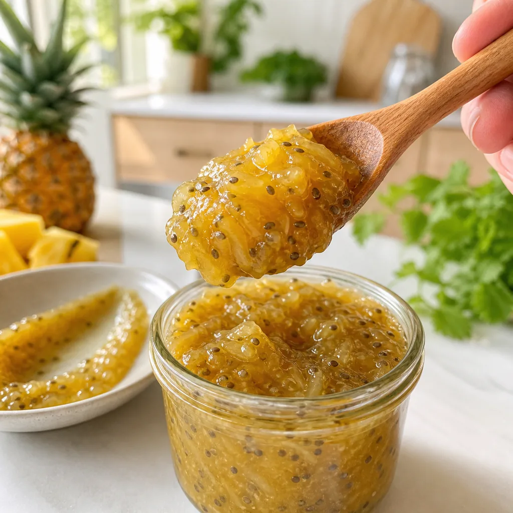 Spoon showing the thick spreadable texture of pineapple chia jam