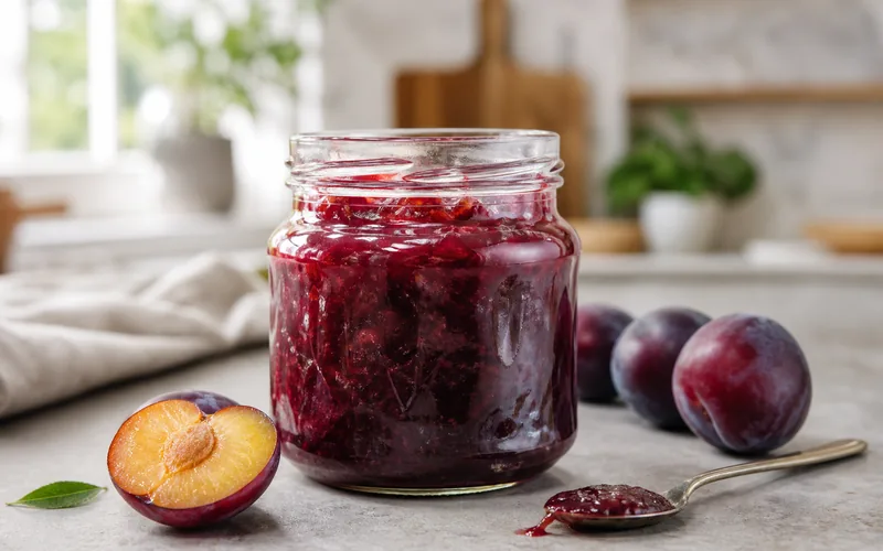 Jar of ruby sugar free plum jam with ripe purple plums