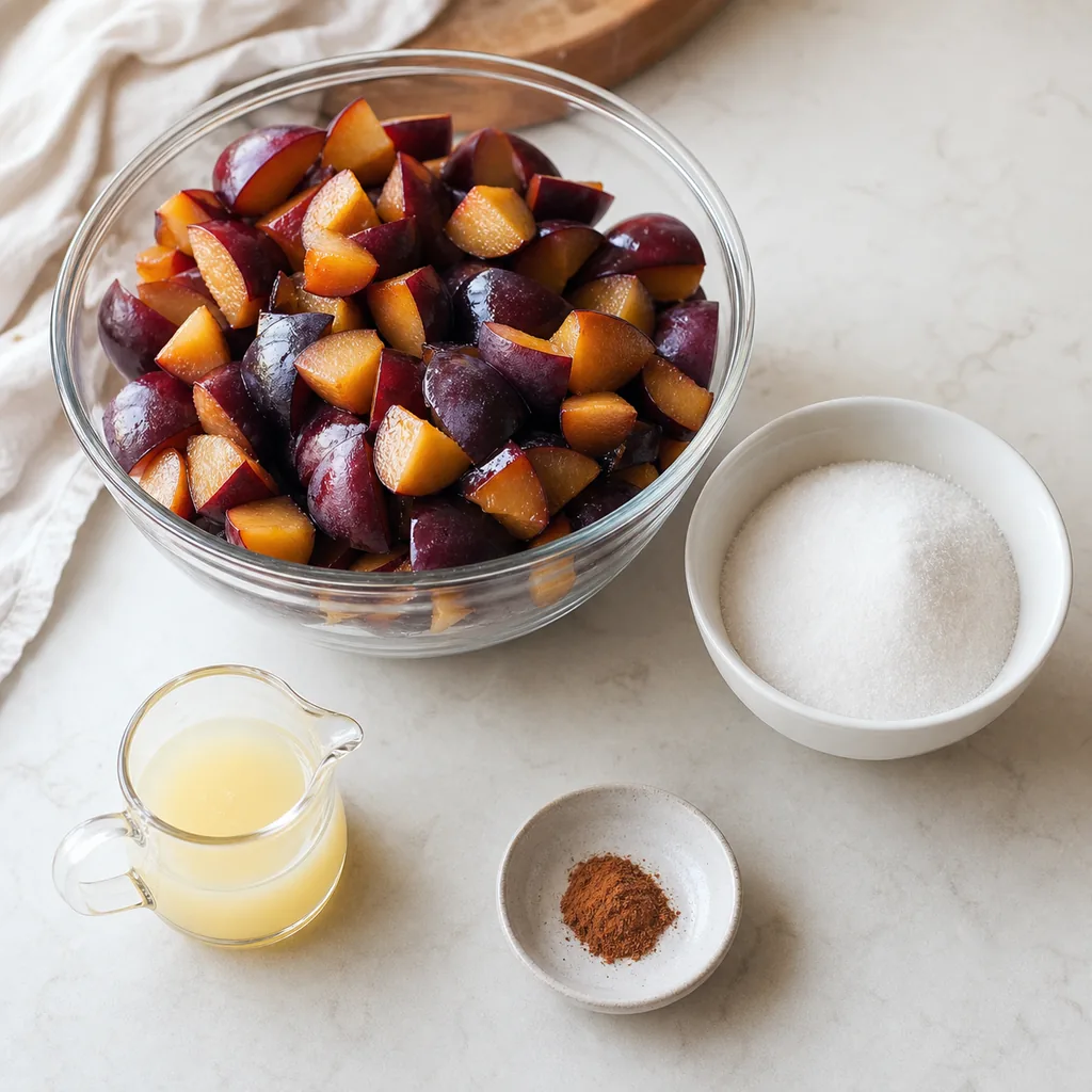 Chopped purple plums, allulose sweetener, lemon juice and cinnamon for sugar free plum jam