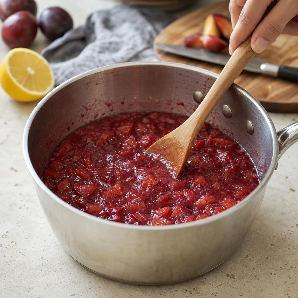 Chopped plums simmering in a saucepan for sugar free plum jam