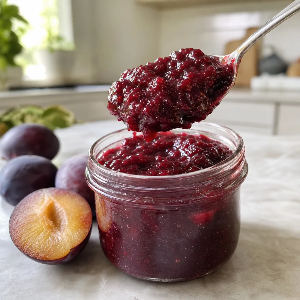 Spoon lifting thick ruby plum jam above a glass jar