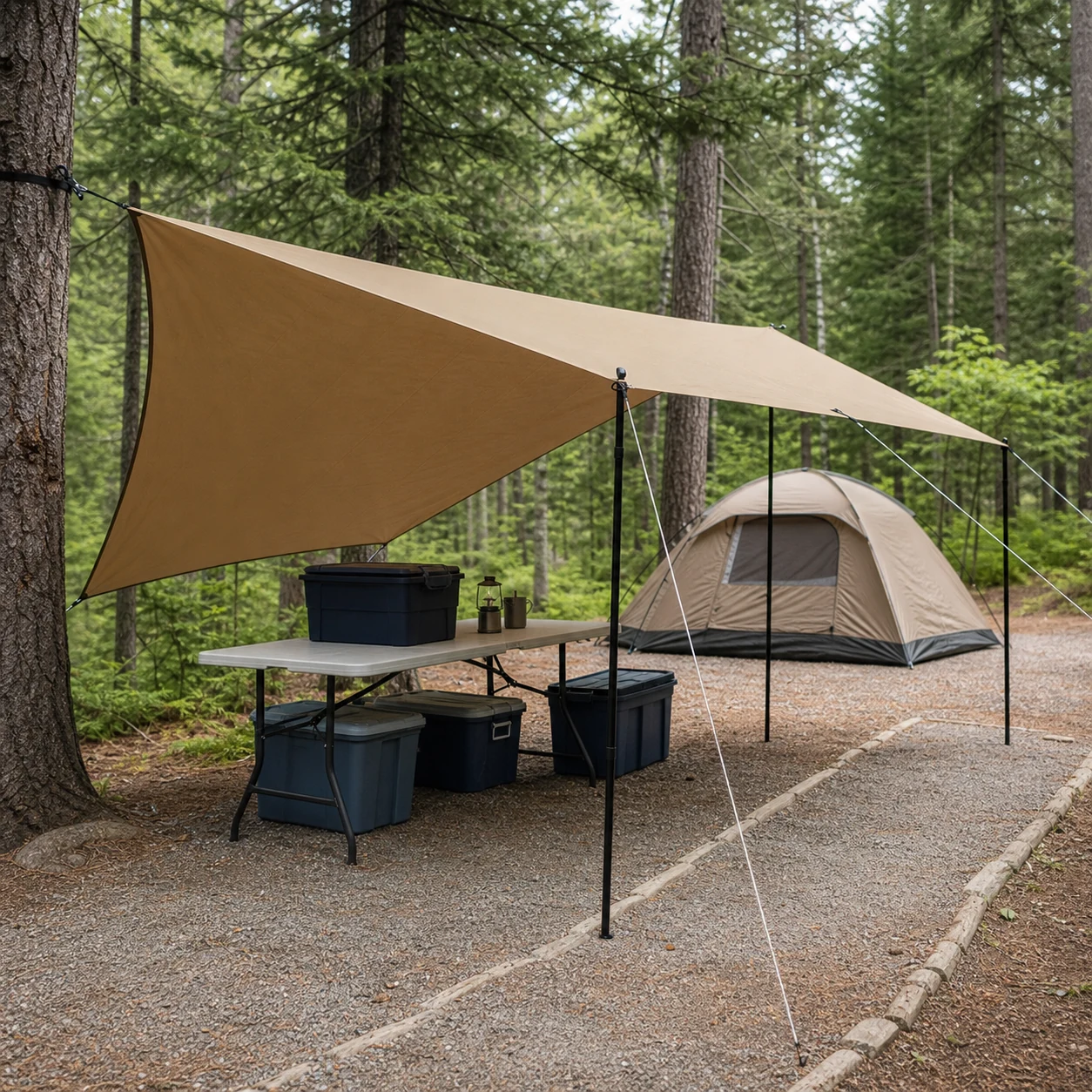 Tan tarp pitched over a campsite table with tent and storage bins nearby