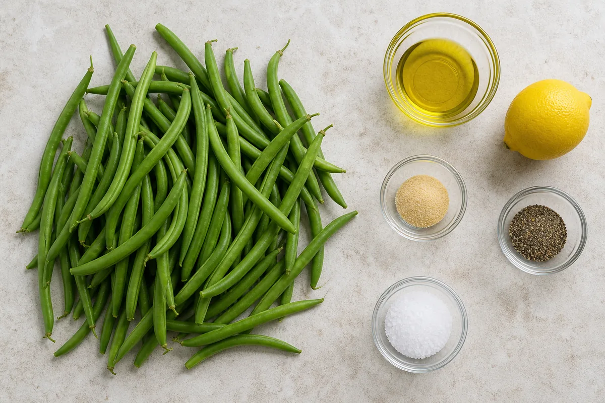Fresh green beans, olive oil, lemon, garlic powder, salt and pepper