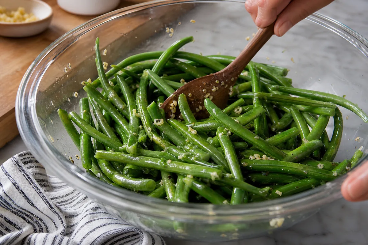 Raw green beans being tossed with olive oil and garlic seasoning