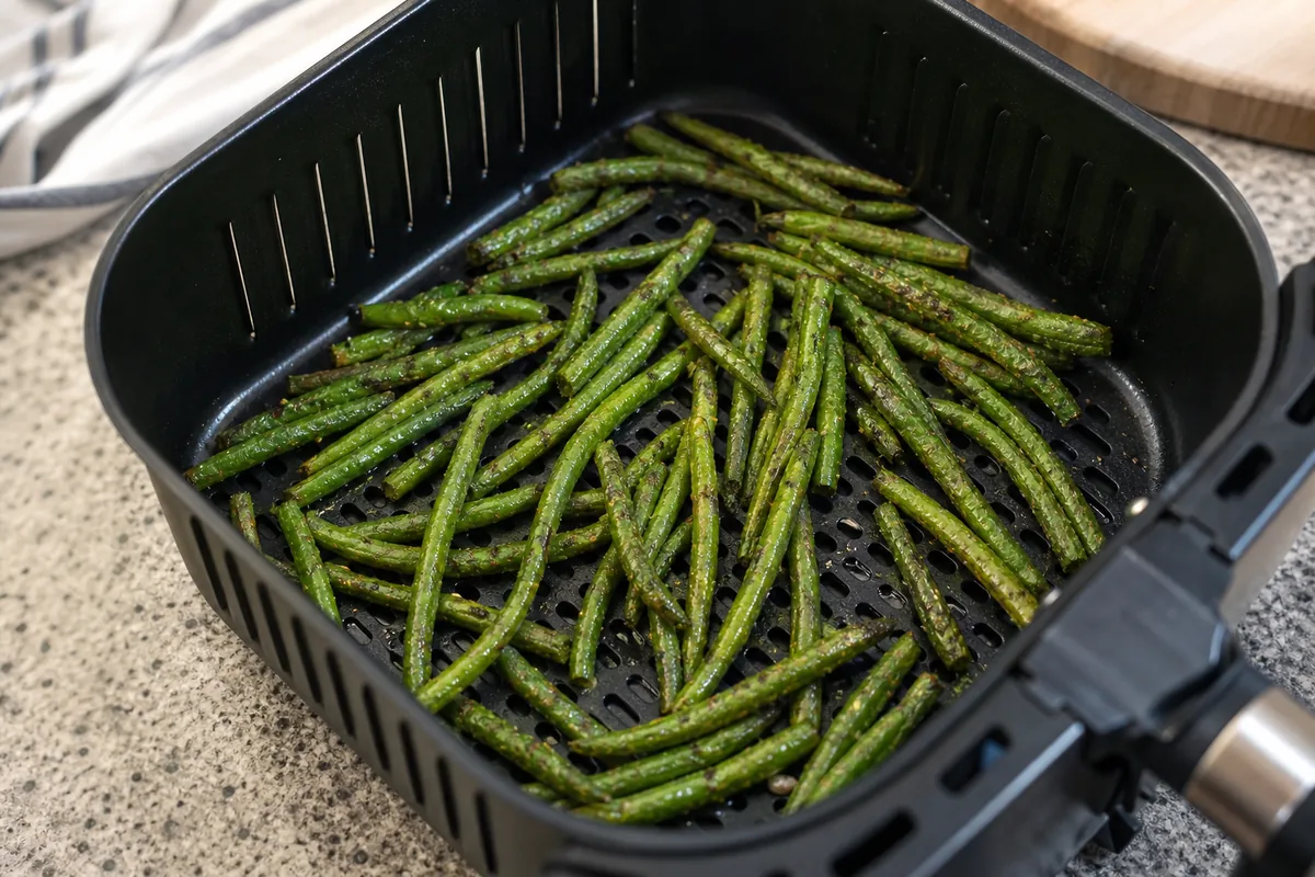 Seasoned green beans in one layer inside an air fryer basket