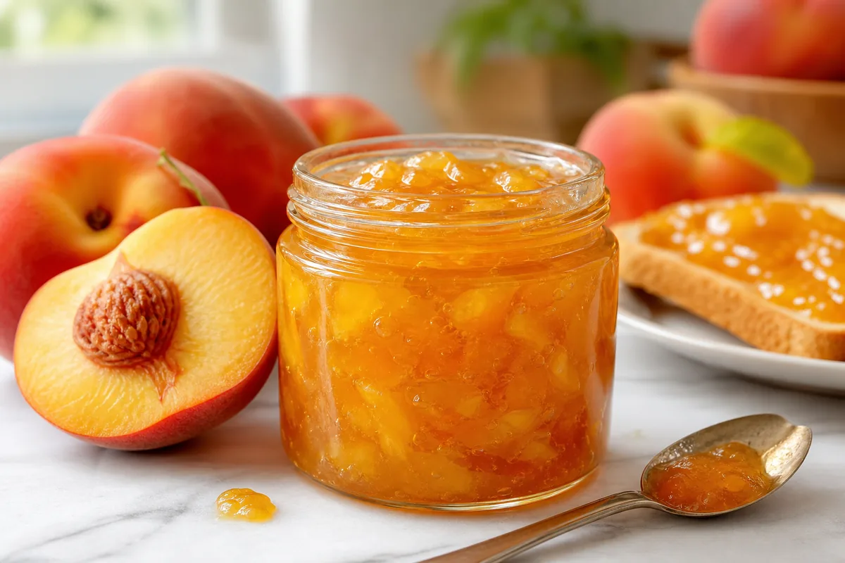 Small jar of golden sugar-free peach jam with fresh peaches