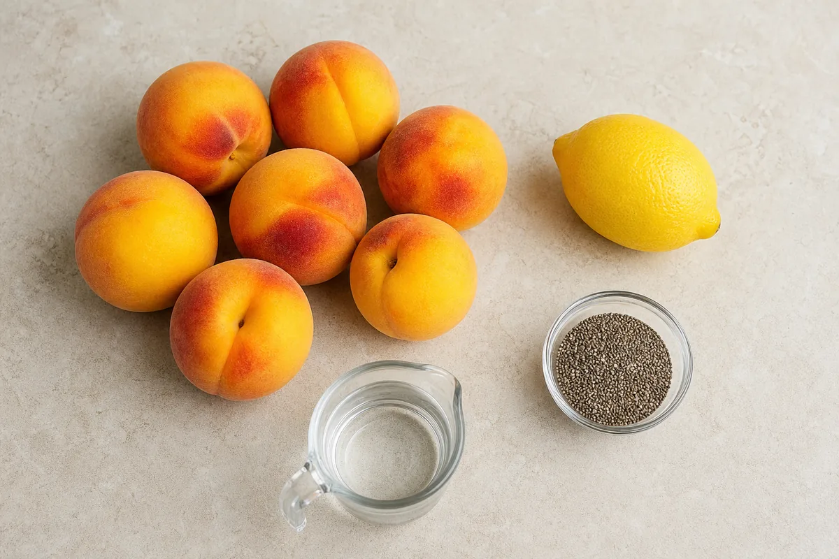 Ripe peaches, lemon, chia seeds and water for sugar-free peach jam