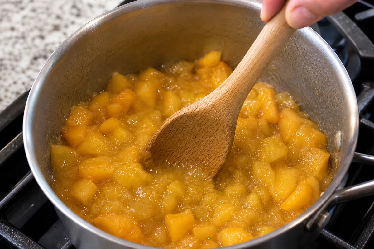 Diced peaches simmering and being mashed in a small saucepan