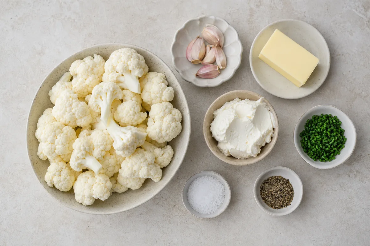 Cauliflower, garlic, butter, cream cheese, chives, salt and pepper