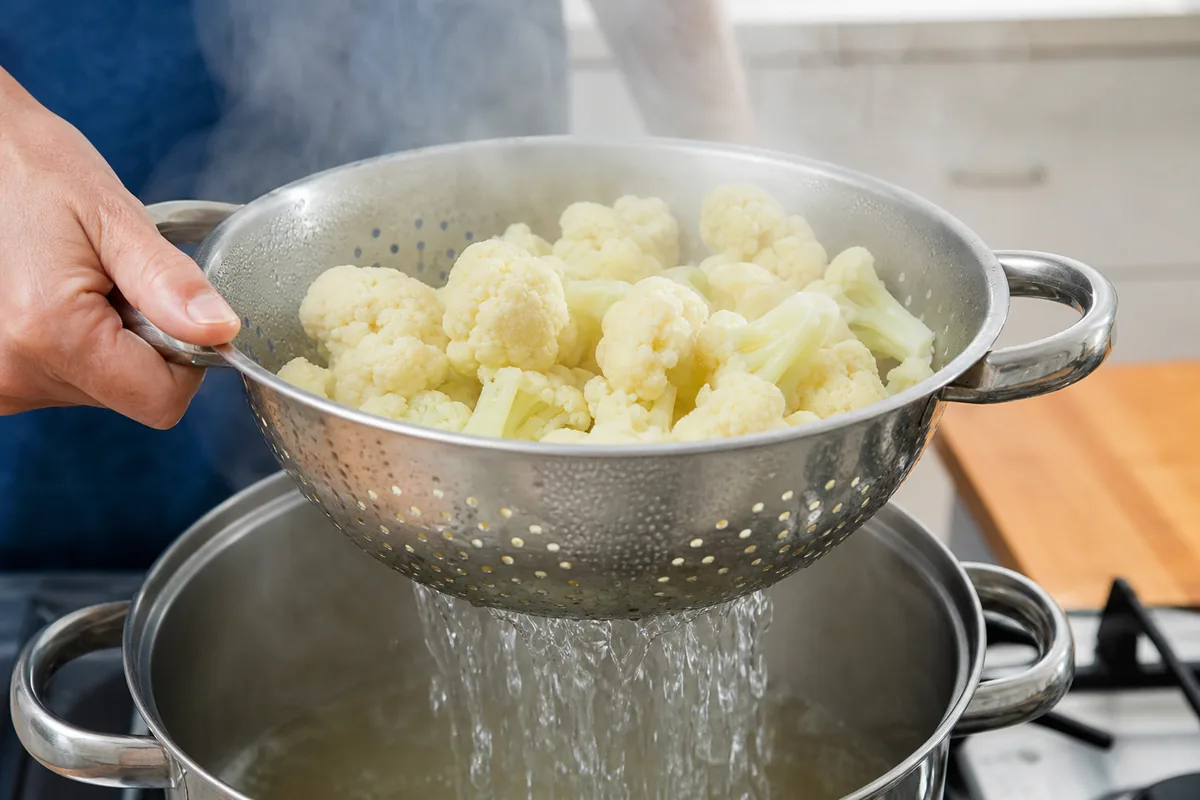 Steamed cauliflower draining thoroughly in a metal colander