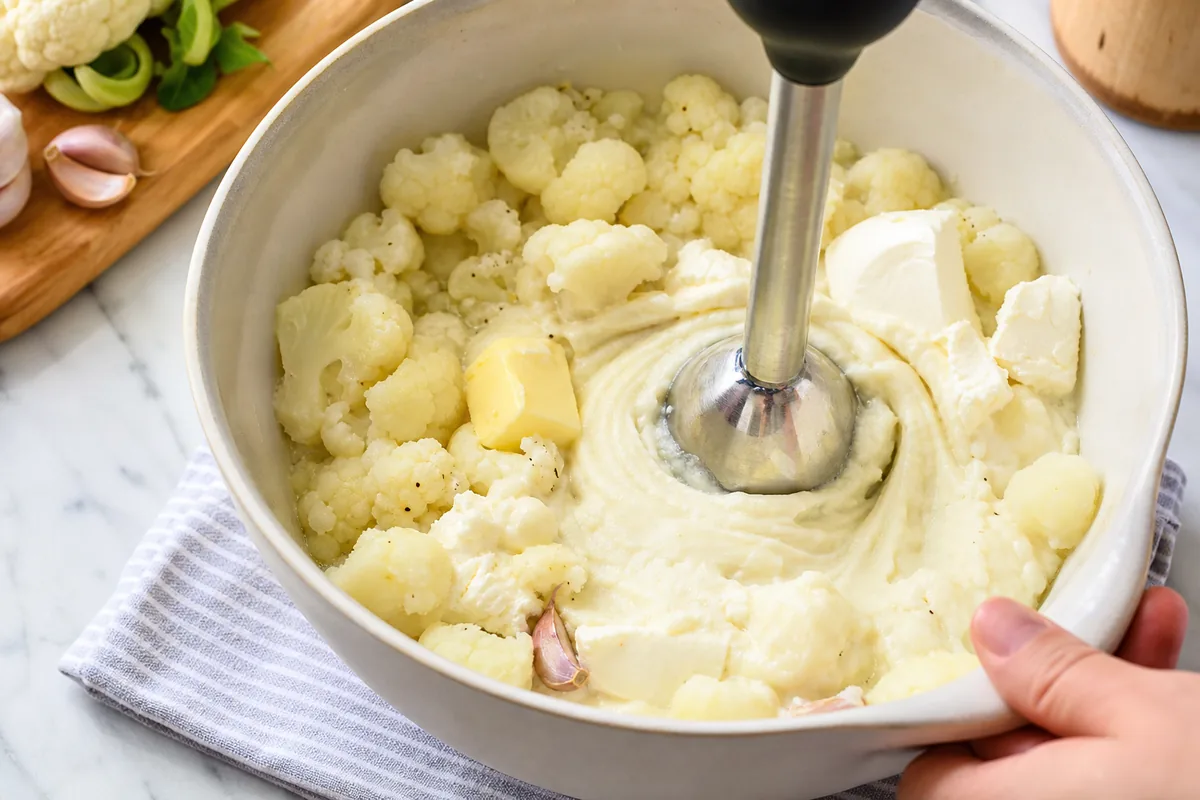 Cooked cauliflower being blended with butter, cream cheese and garlic
