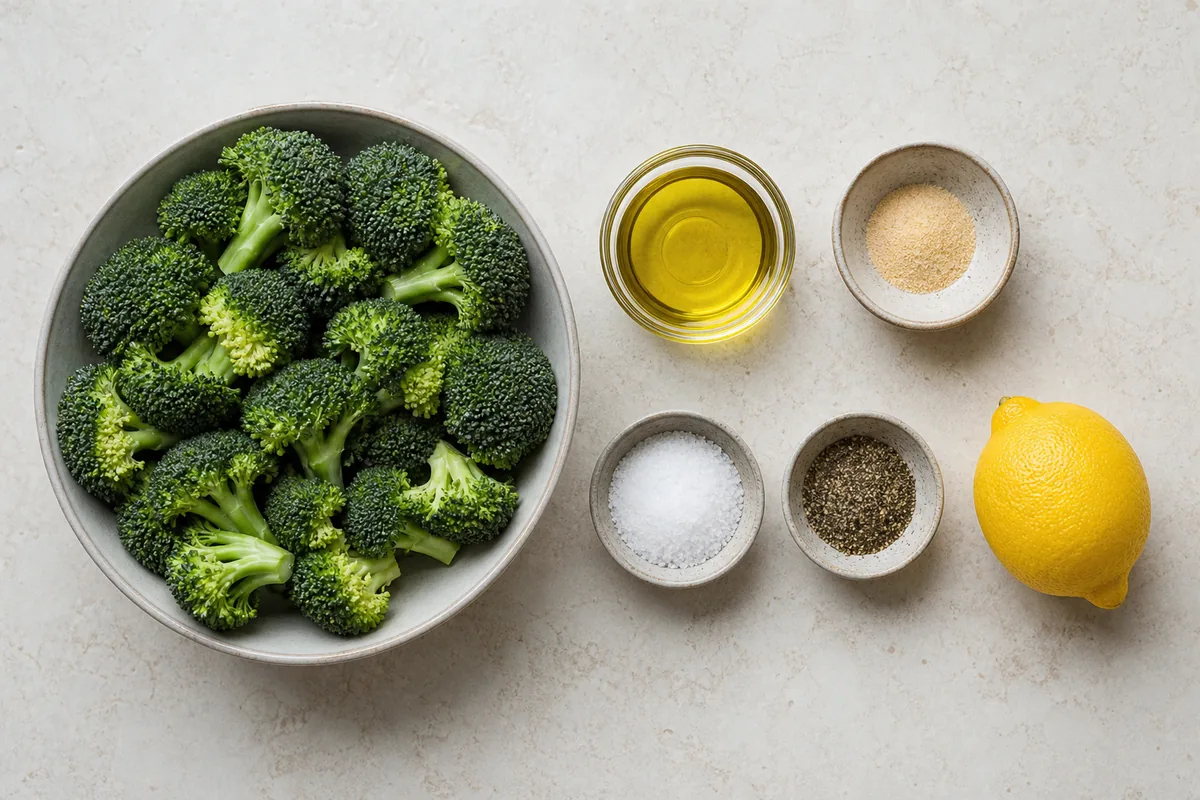 Broccoli, olive oil, garlic powder, salt, pepper and lemon