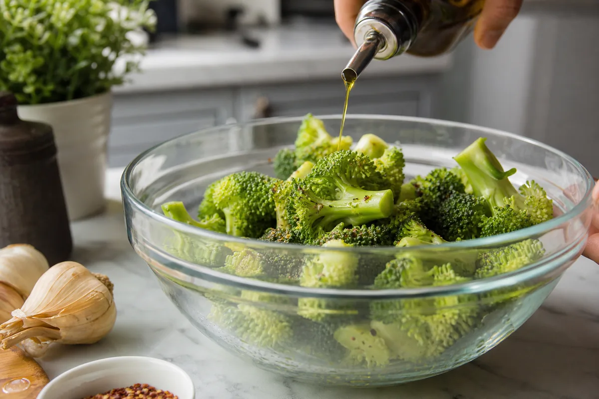 Raw broccoli being coated with olive oil and seasoning