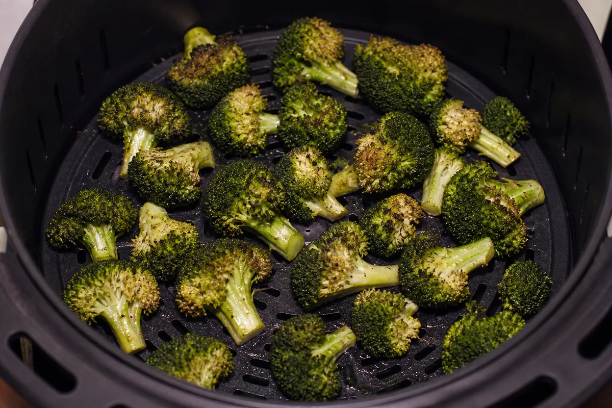 Broccoli florets spaced in an air fryer basket