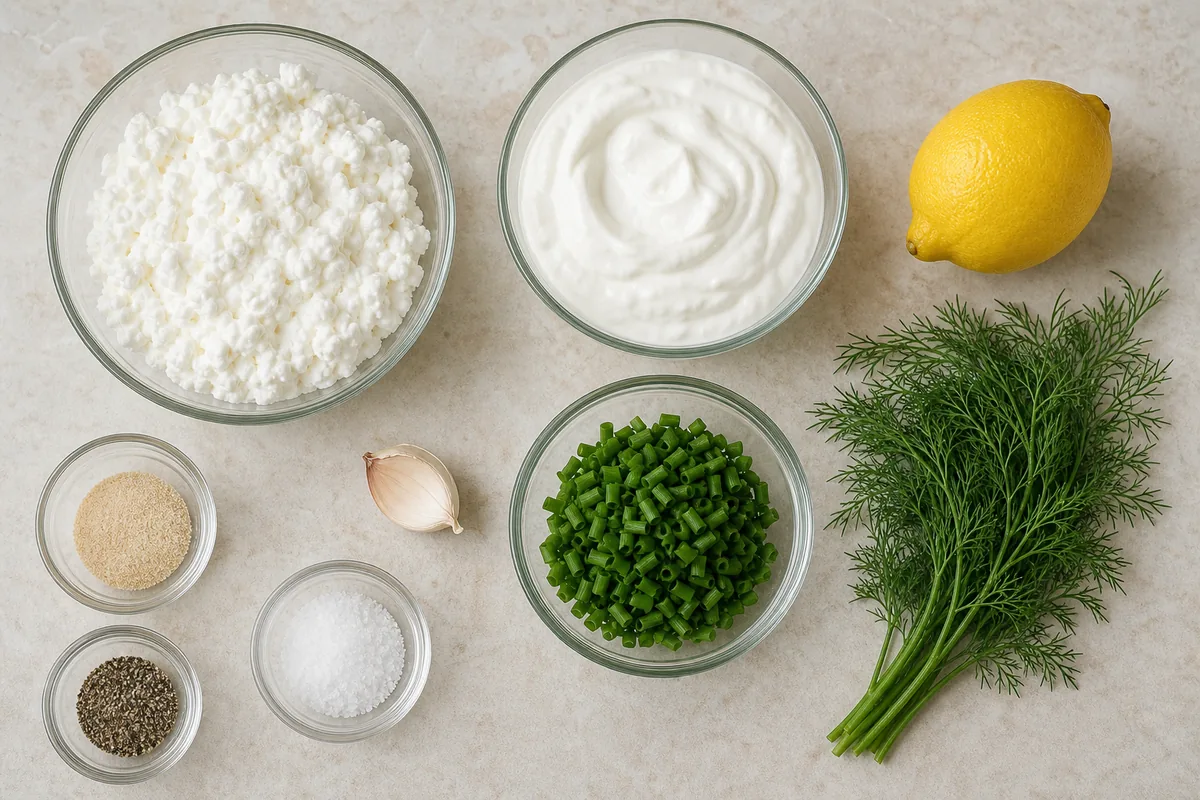 Cottage cheese, Greek yogurt, lemon, dill, chives and seasonings