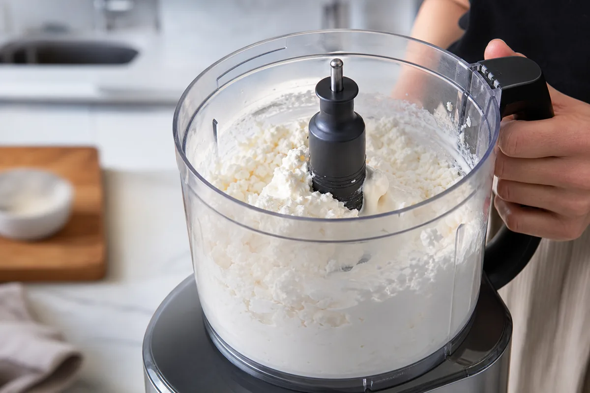 Cottage cheese and yogurt being blended in a food processor