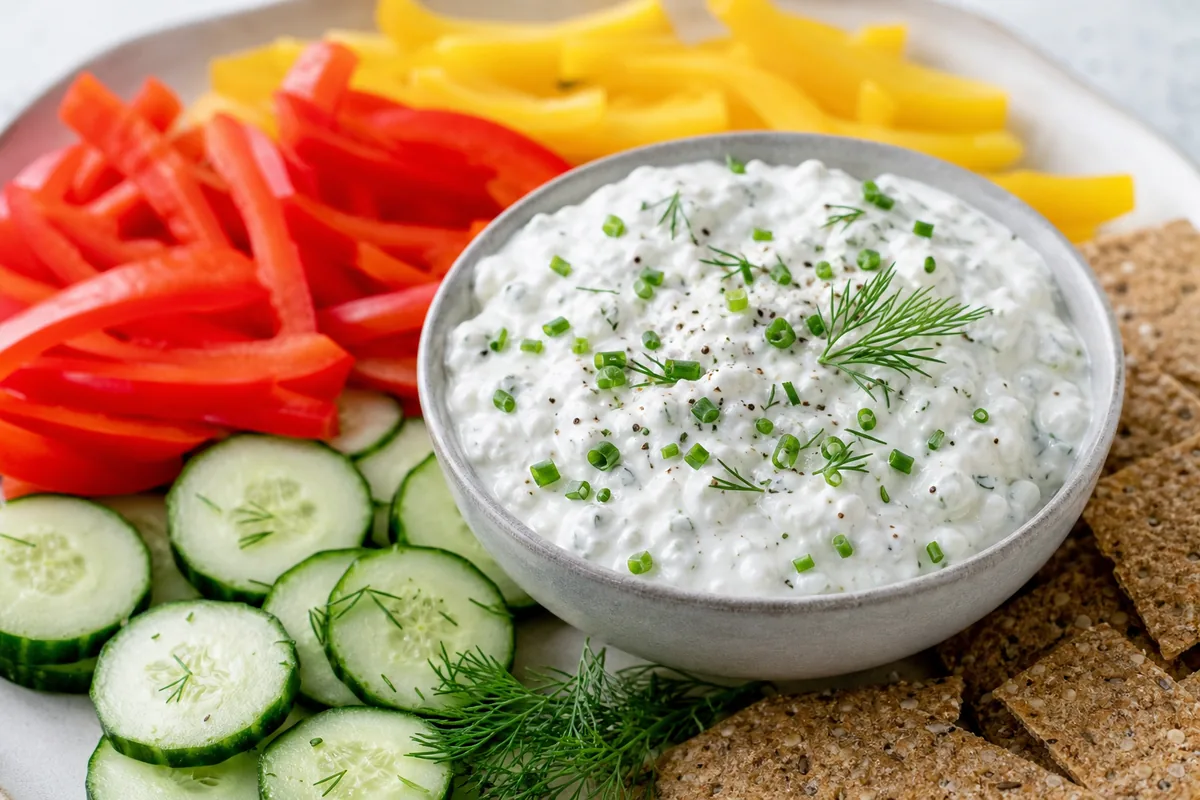 Creamy cottage cheese dip served with vegetables and crackers