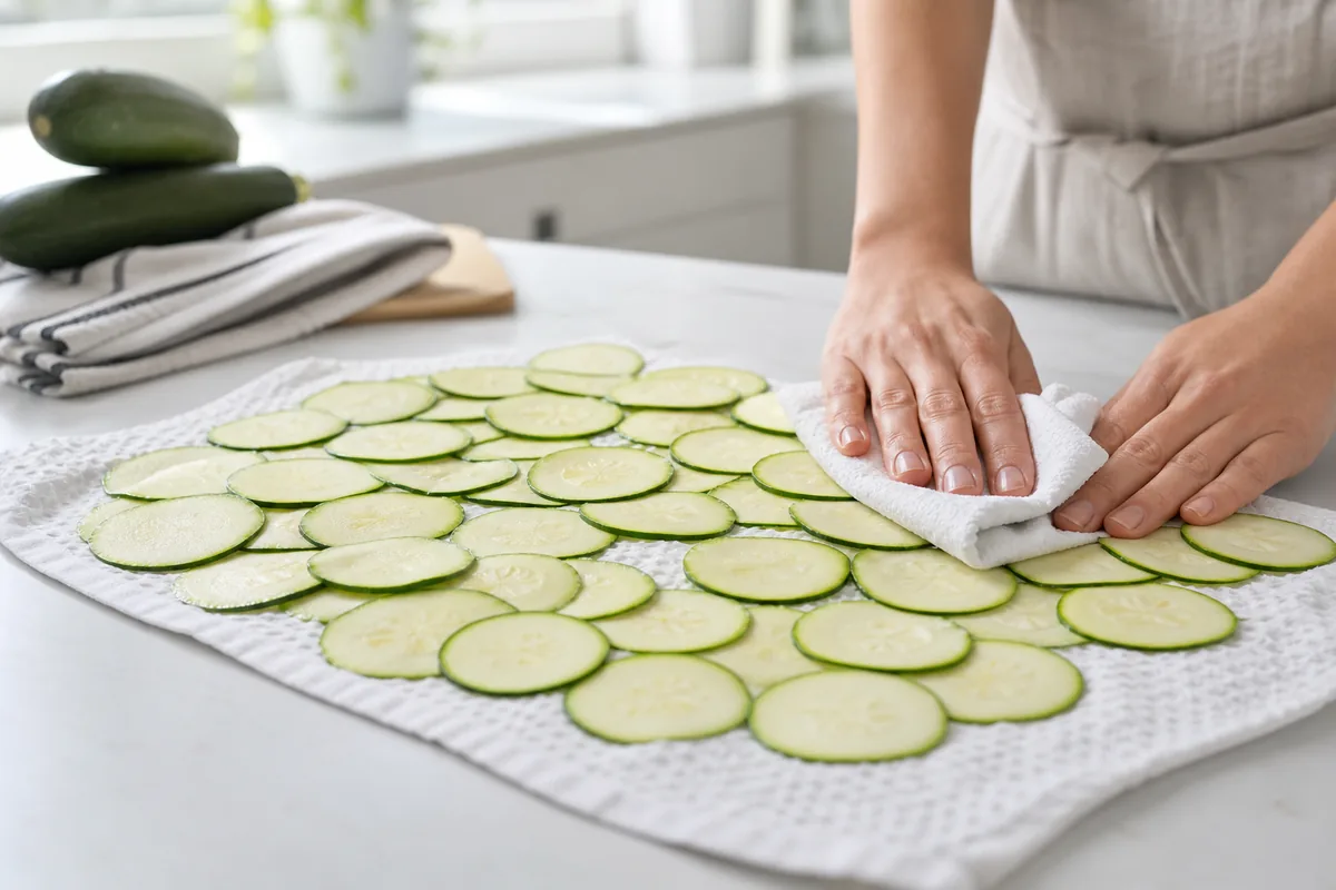 Thin zucchini rounds being dried on a clean towel
