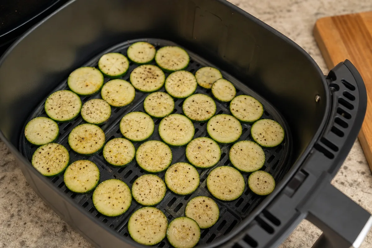 Zucchini rounds in one layer inside an air fryer basket