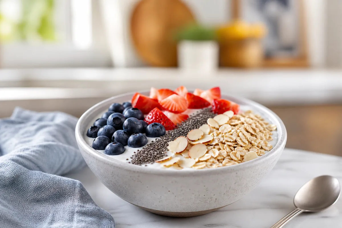 Greek yogurt bowl with berries, oats and almonds