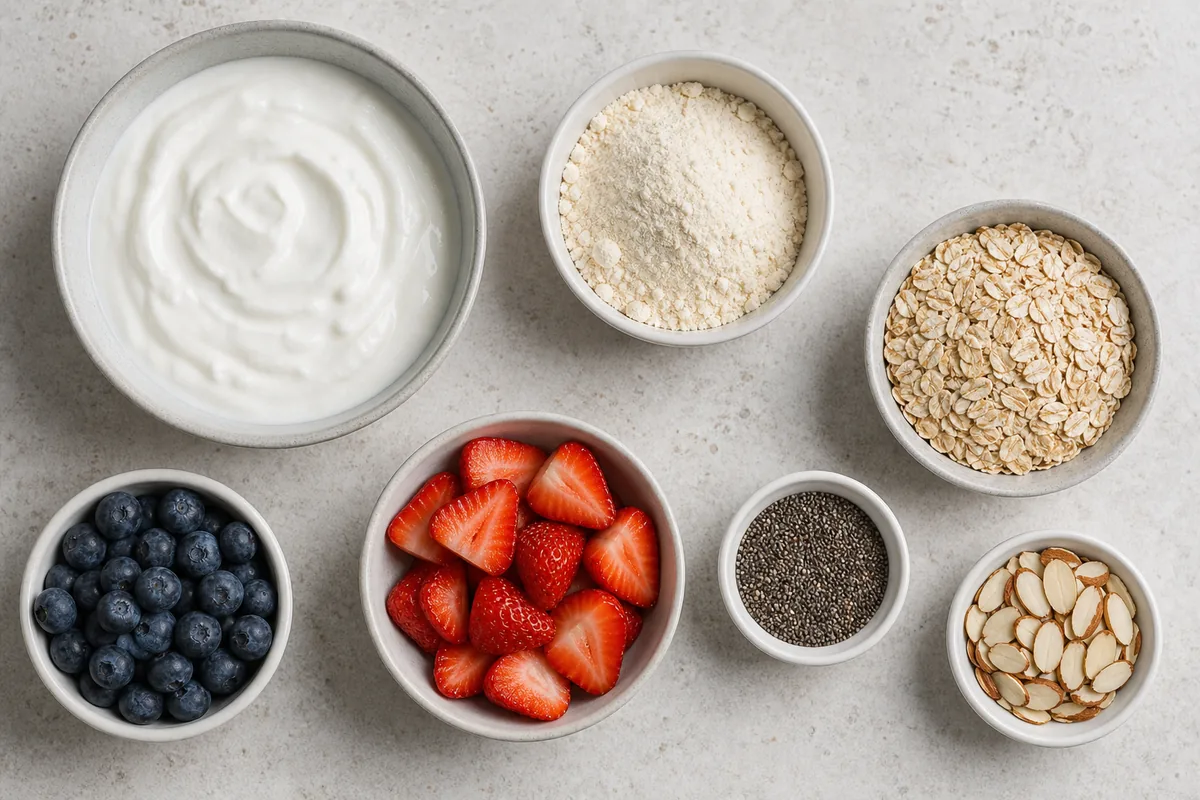 Greek yogurt, protein powder, berries, oats, chia and almonds