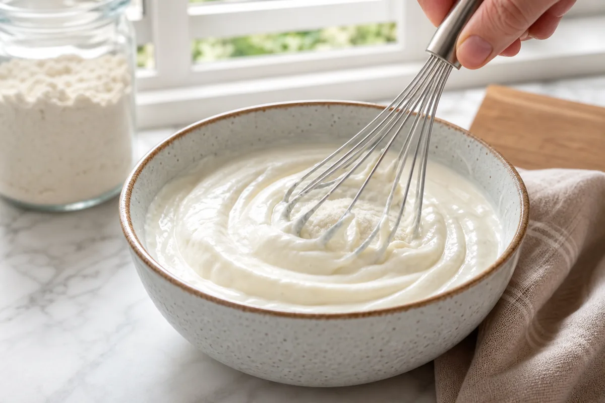 Protein powder being whisked into plain Greek yogurt