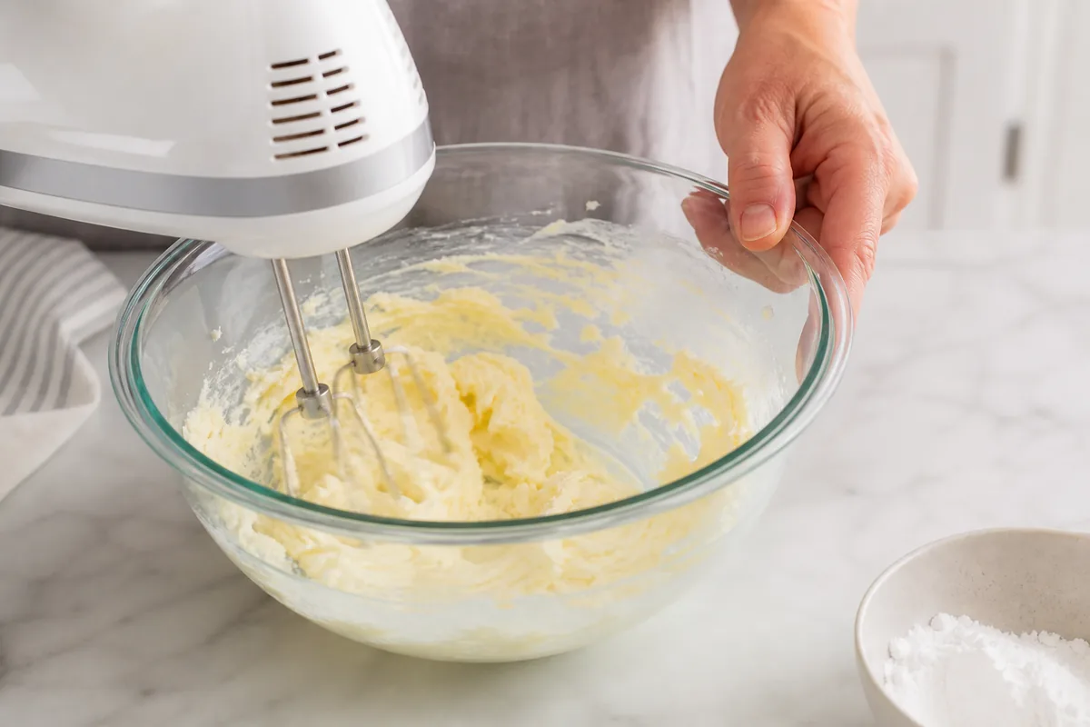 Butter and powdered sugar-free sweetener being creamed in a bowl