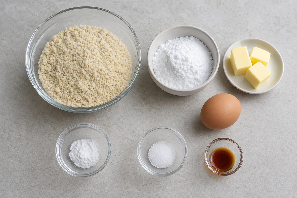 Almond flour, sugar-free sweetener, butter, egg, vanilla, baking powder and salt
