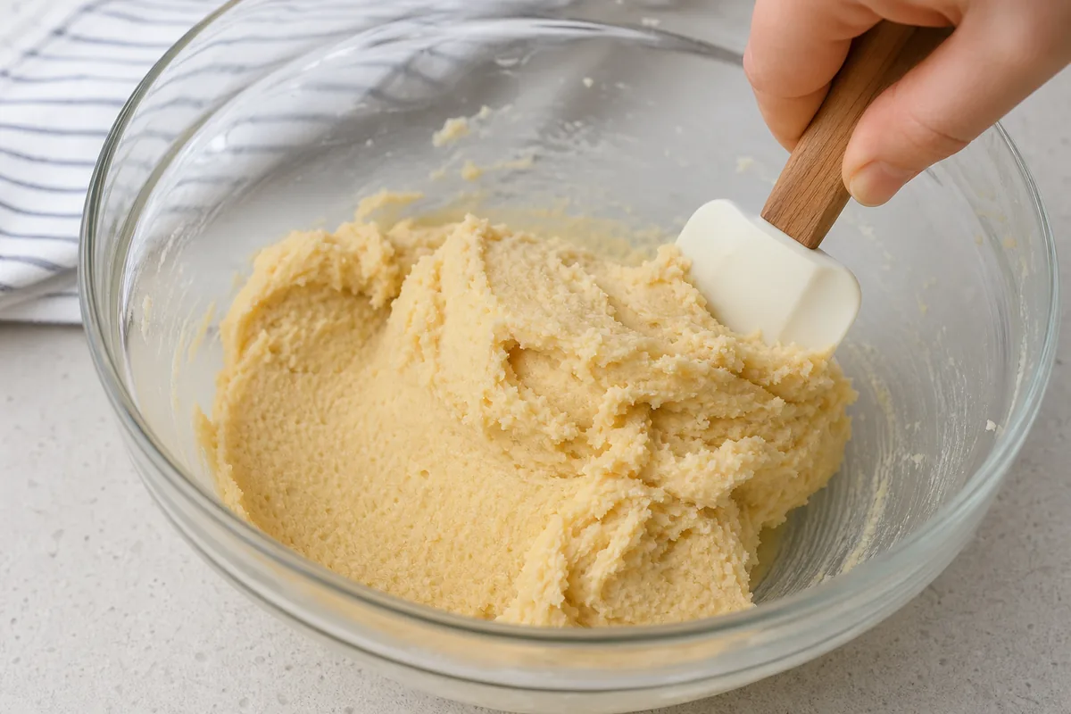 Thick almond flour cookie dough being mixed with a spatula
