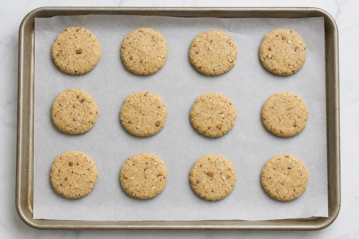 Twelve evenly portioned almond flour cookie rounds on a lined sheet pan